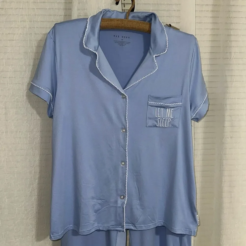 RAE DUNN. M Light Blue White Notch Collar Short Sleeve Button Top Cropped PJ - Picture 2 of 14